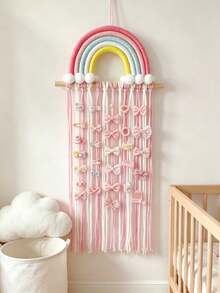Woven Rainbow Hair Clip Wall Storage Decor, Tassel Hair Accessory Storage Rack, Girls Nursery Wall Hanging Bow Storage Rack - Multicolor - View 9