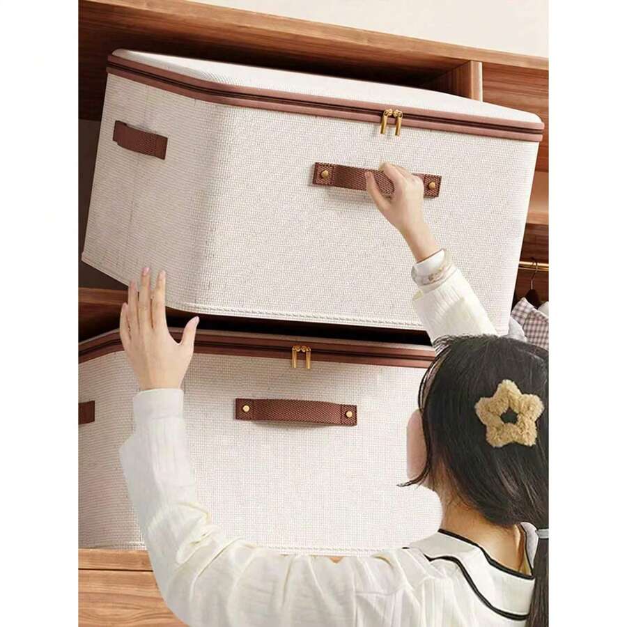 Foldable Linen Texture Fabric Storage Box With Zipper And Dual Handles, Dust-Proof Large Capacity Wardrobe Organizer Bin For Bedding, Clothing And Toys - Multicolor - View 1