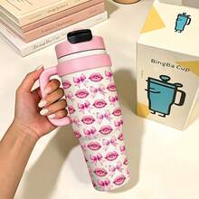 1PC 1000ML Simple Polka Dot, Creative Bow, Stylish Creative Pattern Stainless Steel Insulated Cup, Double Beverage Coffee Cup, Portable Straw Cup, Fashionable Insulated Cup, Suitable For Office/Home, Gift For Family/Friends, Coffee/Milk/Tea - Multicolor - View 2