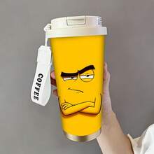 1/5 pièces Gobelet à café en acier inoxydable 18oz, Tasse de voyage avec impression de visage de mème aux bras croisés grincheux sur fond jaune, Couvercle à paille multifonction, Sangle de cou en argent COFFEE, Cadeau idéal pour les amateurs de mèmes et les amis sarcastiques, Convient pour le bureau quotidien - Mème tsundere - Voir 4