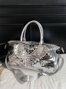 New Fashion Travel Bag, Solid Color Minimalist Niche Design With Sequins, Stylish And Cool, Suitable For Short Trips And Fitness, With Independent Shoe Compartment, Large Capacity, Versatile And Exquisite - Silver - View 6
