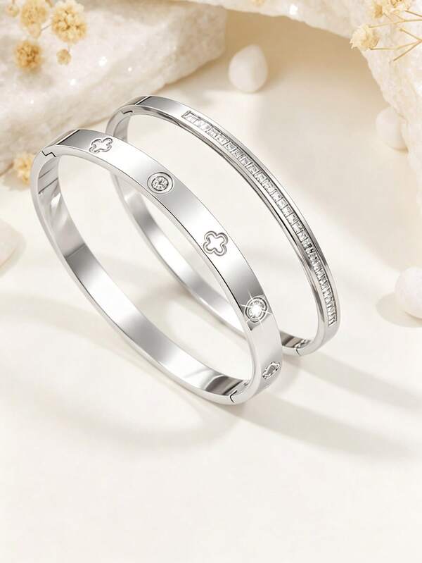 2pcs/1pc Versatile Fashion Stainless Steel Clover Bracelet, Suitable For Women's Daily Wear And Holiday Gifts