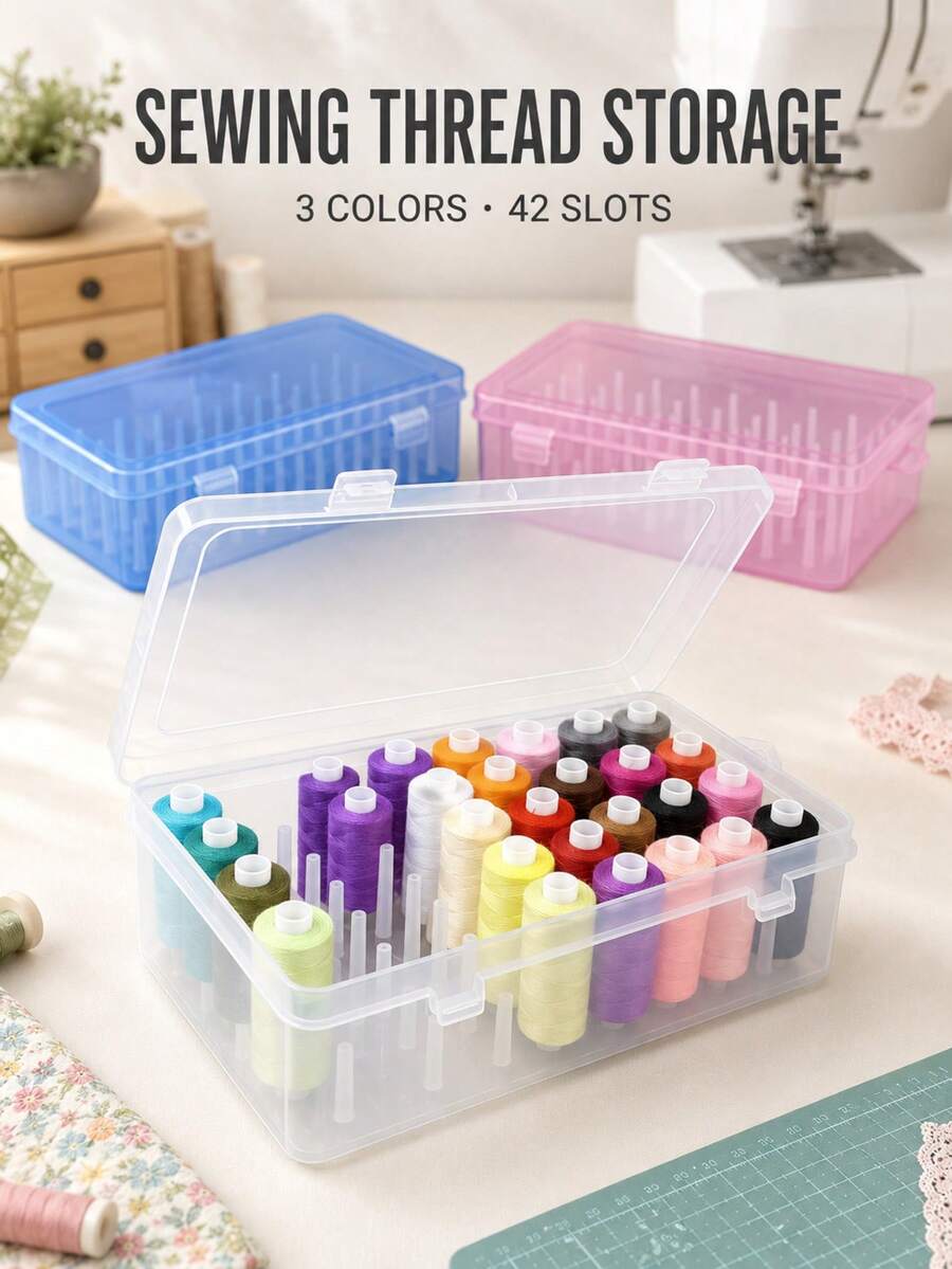 42-Slot Transparent Plastic Sewing Thread Storage Box, Multi-Functional Storage Box, Suitable For Small And Medium Thread Spools, Ideal For Craft Room And Travel, Thread Spool Organizer, Storage And Organization, Sewing Rack, Large Capacity Portable - Multicolor - View 1