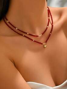 2pcs Minimalist Elegant Luxury Versatile Burgundy Acrylic Multi-Faceted Beads CCB Round Beads Heart Pendant Multi-Element Multi-Layer Necklace Suitable For Women Daily Casual Outing Banquet Music Festival Events Wear Holiday Gift - Burgundy - View 5
