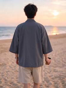 男士和服風寬鬆休閒開襟和服襯衫，100%聚酯纖維，輕盈透氣飄逸面料，純色百搭單層，休閒美學風格 - 灰色 - 查看 8