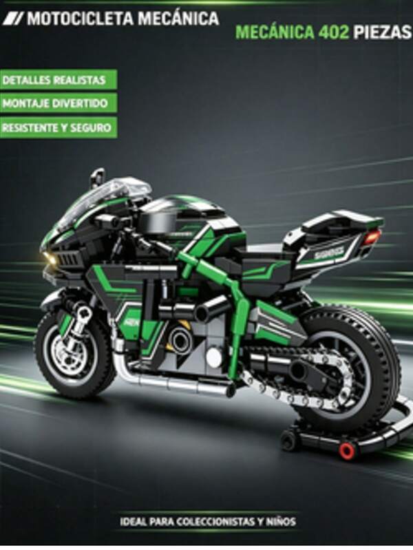 Modelo de Motocicleta Deportiva para Armar, Bloques de Ensamblaje 402 Piezas, Decoración Coleccionable para Hogar, Regalo Ideal para Aficionados de Motos, Diseño Verde y Negro con Soporte Exhibidor