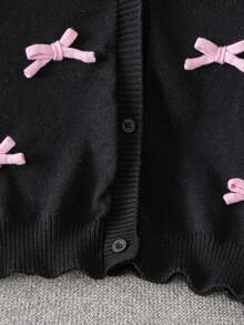Girls Cute Solid Color 3D Bow Short Knit Cardigan Sweater, Suitable For Casual Daily Wear In Spring And Autumn - Black - View 5