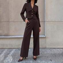 Women's Brown Stretchy 2 Pieces Pant Suit Cropped Gold Button Blazer Wide Leg Pants For Business Work - Coffee Brown - View 6