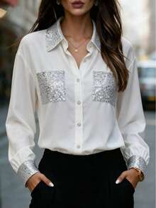 Women's Autumn Fashion White Sequin Patch Pocket Long Sleeve Button-Up Shirt Collar Polyester Blouse, Dropped Shoulder Design, Showcasing Fashionable Style - White - View 5