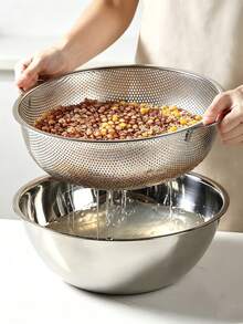 1 Set Thick Stainless Steel Colanders With Mixing Bowl, Rice Washing Bowl, Double-Ear Vegetable Washing Basin,Multi-Size Perforated Strainer Baskets With Handles, Multipurpose Rice, Fruit & Vegetable Washing Bowl For Kitchen - S+M+L - View 2