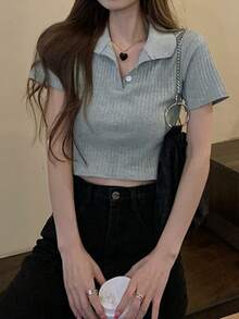 Women's Gray Short Sleeve Cropped Polo T-Shirt, V-Neck Slim Fit Slimming Thin Top, Summer - Grey - View 4