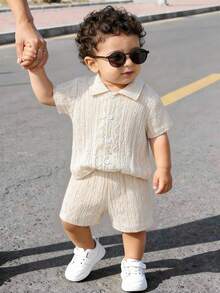 Summer Baby Boy Beige Hollow Plaid Short Sleeve Set, Lapel Button Shirt + Elastic Waist Shorts, 2pcs Outfit - Beige - View 3