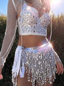 1pc Y2K Luxury Multi-Layer Sequin Tassel Shawl, Bohemian Style Transparent Mesh Scarf Accessory, Suitable For Beach Party And Team Wear, Halloween - Silver - View 2