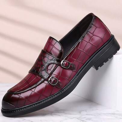 6808 Glossy  Print Loafers, Men Casual Formal Double Buckle Leather Shoes