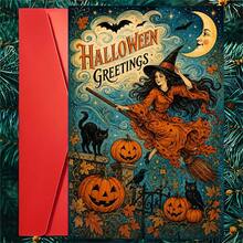 1 Greeting Card + 1 Envelope Mystical Halloween Greeting Card, Witch Flying On Broomstick "Halloween Greetings", Perfect For Friends, Spooky Autumn Vintage Art Style. - View 10