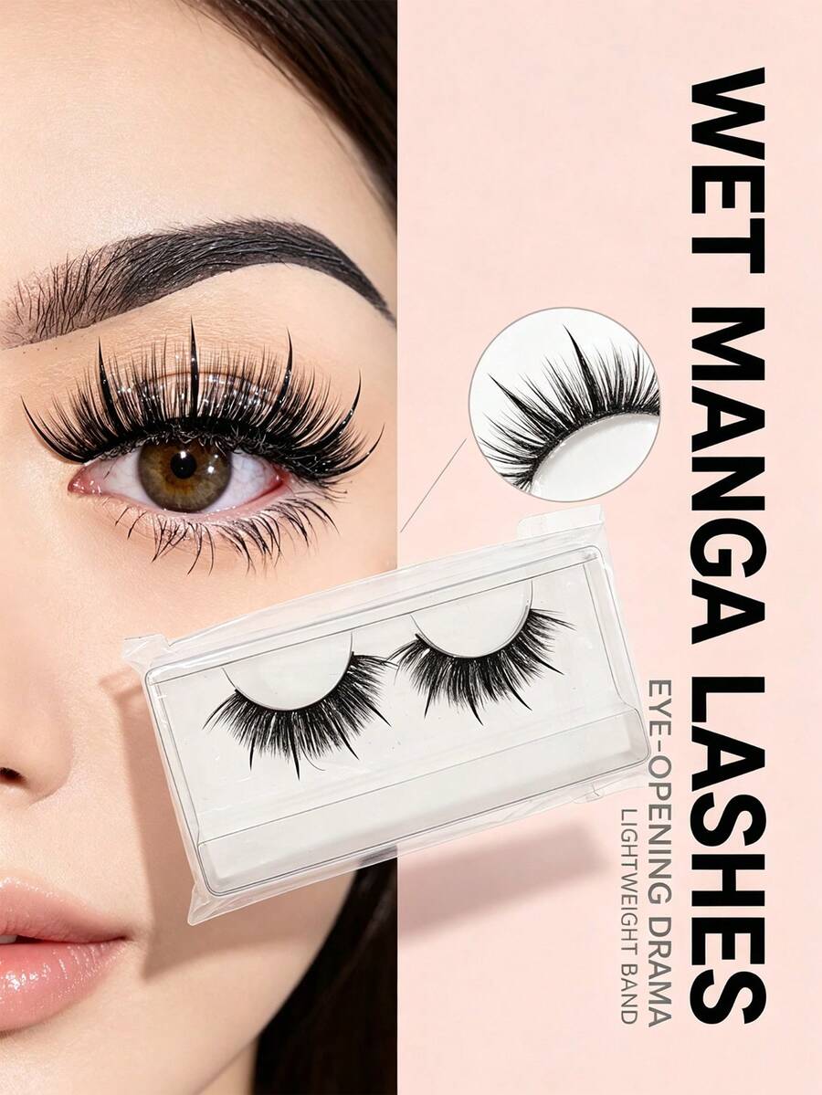 Mkhlina Wet Look Manga Lashes Spiky Wispy Faux Mink False Eyelashes Dramatic Volume Reusable Strip Lashes (N3) - Hitam - View 1