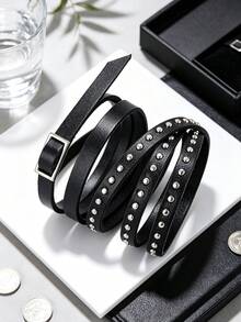 Women And Men Leather Cuff Wristbands ,80s 90s Vintage Grunge Gothic Y2K Jewery Gift For Punk Rock Outfits Music Festivals Theme Parties Halloween - Black - View 6