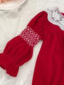 Girls Princess Dress Lace Collar Red Christmas Long Sleeve Dress Spring Autumn Girls Children Holiday Party Dress - Red - View 5