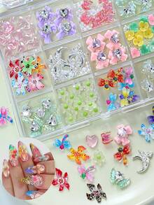 1 Box Spring Summer 3D Nail Charms Set, Colorful Resin Flower Dragonfly Butterfly, Silver Moon Alloy, Heart Rhinestone Bow, Mixed Kawaii Y2K Manicure Decorations, DIY Nail Art Accessories For Nail Salon & Home Nail Design - Multicolor - View 8