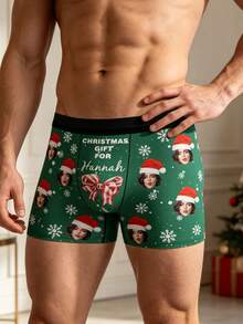 Men Custom Female Face With Santa Hat, Red Lip Print & Funny Cartoon Graphic Green Polyester Boxer Briefs For Christmas Flirty Novelty Personalized - Multicolor - View 3