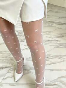 Women's White Bow Pattern Sheer Tights, Soft Stretch Pantyhose With Delicate Embroidery, Elegant Bridal, Date Night & Party Wear - Multicolor - View 5