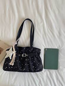 New Casual Solid Color Oxford Cloth Tote Bag, Star Pattern, Pleated Fabric Women Shoulder Bag - Black - View 9