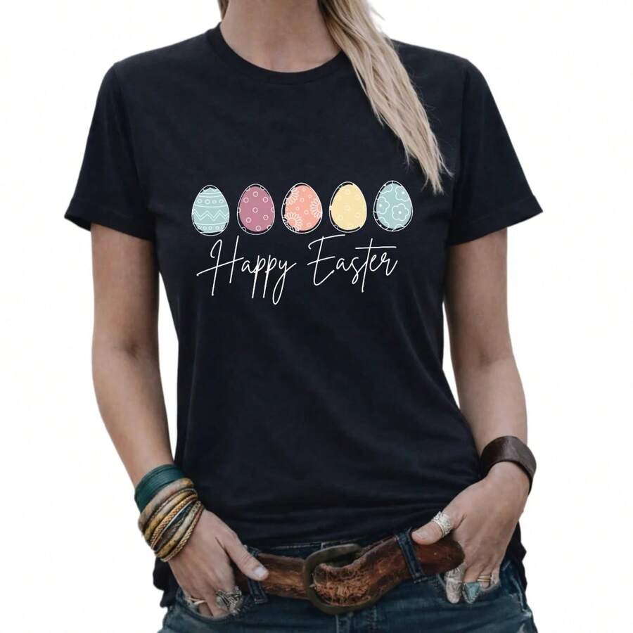 Happy Easter Pastel Eggs Handwritten Graphic Tees Womans Tshirt Shirts White/Black  TopsDaily Casual Round Neck Short Sleeve-Shirt Women - Black - View 1