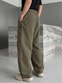 Plus Size Men's Functional Straight Leg Cargo Pants, Drawstring Elastic Waist, Zipper Pockets, Outdoor Hiking Casual Pants - Brown - View 2