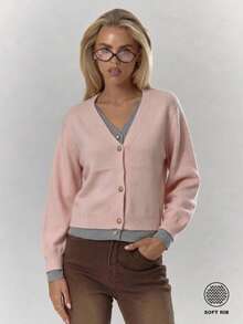 Contrast Trim Button Front Cropped Cardigan, V Neck Long Sleeve Rib Knit, Pink Elegant Casual Fall Clothes For Women, Soft Everyday Layering Top - Pink - View 2