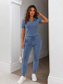 ChicMe Set sportivo da donna 2 pezzi, top a maniche corte con cerniera e pantaloni jogger a vita alta, abbigliamento casual da casa, con tasche, streetwear quotidiano - blu polveroso - Visualizzare 1