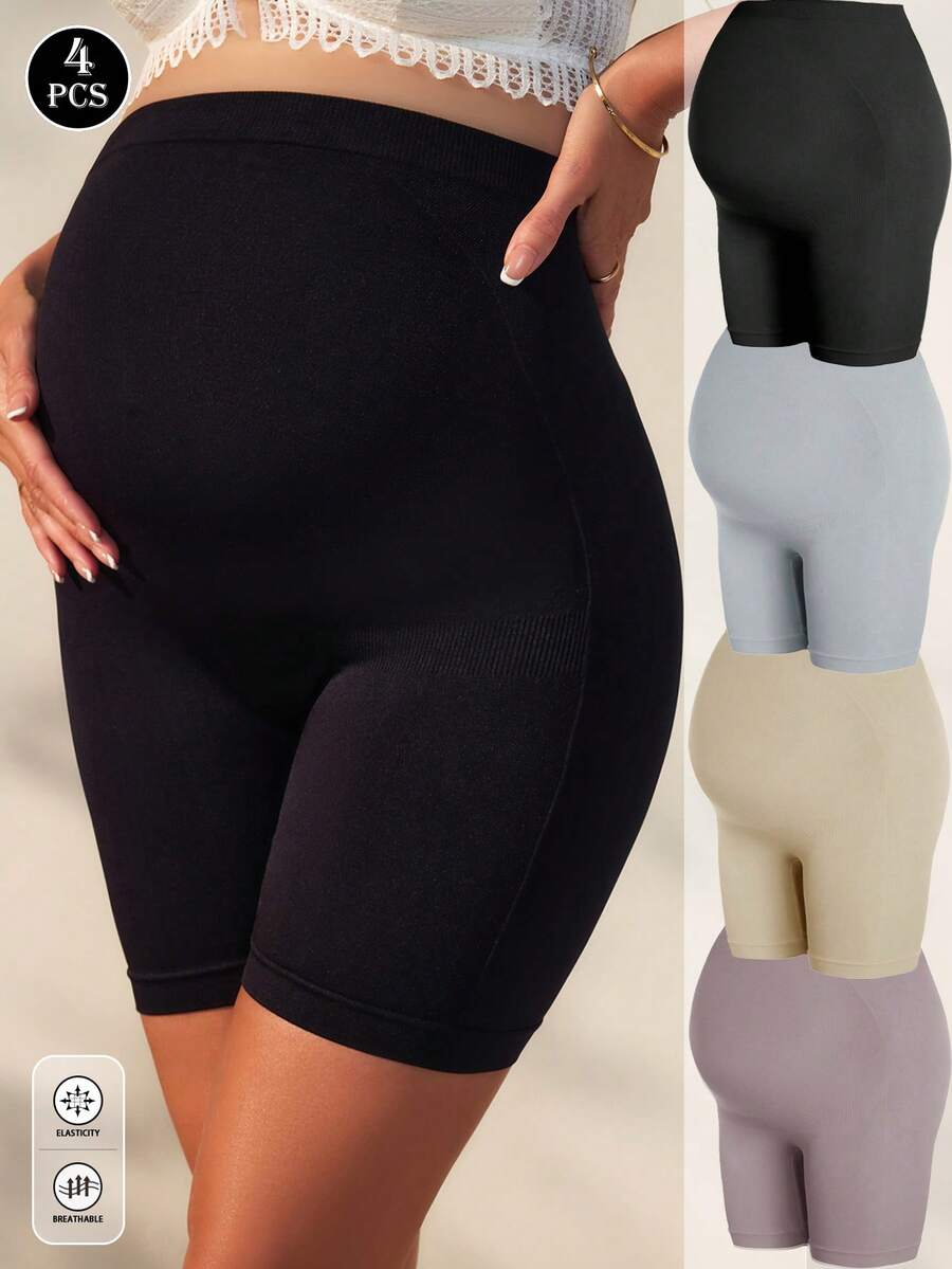 4pcs Maternity High Waist Belly Support Leggings 2-In-1 Seamless Underwear-Free Shorts Safety Pants - Multicolor - View 1