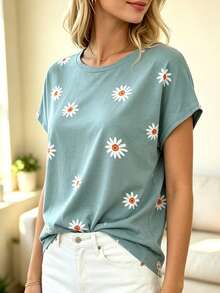 Women's Floral Daisy Print Short Sleeve Crew Neck Basic Top, Suitable For Daily Outings Shirt-Style Long Top - Mint Green - View 3