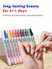 SAUA 12 Colors Nail Art Pens And 12 Reusable Template Stickers Set, Nail Art Pens, Dotting, Doodling And Line Drawing Tools, Nail Design, Home Decor, Christmas Gift, Holiday Gift, Birthday Gift - Multicolor - View 3