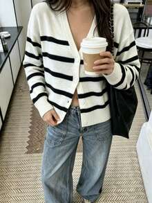 Autumn/Winter New Button-Up Striped Cardigan For Women, Fashionable High-End Minimalist Casual Versatile Loose Fit Elegant Long Sleeve V-Neck Sweater - White - View 6