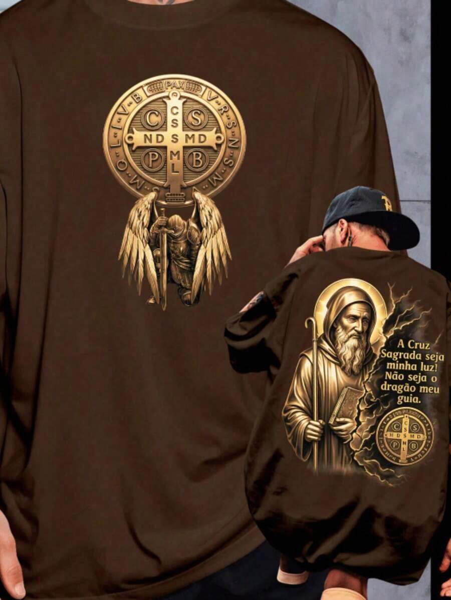 CAMISETA RELIGIOSA MEDALIA ANJO CSPB A CRUZ SAGRADA SEJA MINHA LUZ UNISSEX 100% ALGODÃO PREMIUM - Marrom - Visão 1