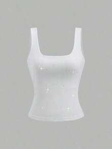 Unity Top Halterneck feminino, verão, gola quadrada, cor sólida, ajuste fino, plissado. - Branco - Visão 7