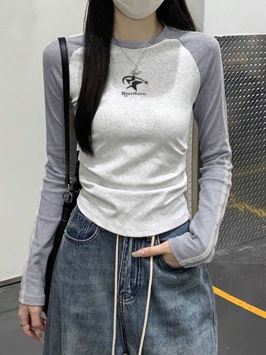 Kaos Lengan Panjang Raglan Sporty dengan Garis Kontras Kasual - Light Grey - View 1