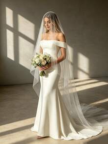 1pc Long Double Layer Nude Tulle Blusher Bridal Veil, Suitable For Wedding, Photography Props, Registry Office, Cathedral Ceremony - Milky White - View 8