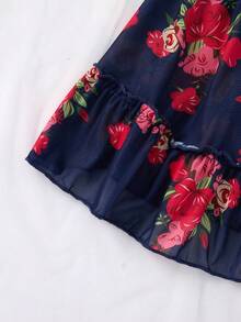 2pcs Sexy Lingerie Sleepwear Set, Includes Matching Thong, Exquisite Ruffle Hem, Vibrant Floral Pattern - Navy Blue - View 6