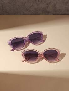 2 PCS Girls 5-9Y Glitter Flower Decor Cat Eye Fashion Glasses Lightweight PC Frame Soft Tinted Lens Casual Sweet For Travel Party With Glasses Box - Multicolor - View 2