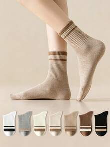 5 Pairs Random Pure Cotton Women's Mid-Calf Socks, Sweat-Absorbent, Anti-Bacterial, Odor-Resistant, Classic Solid Color, Versatile For Home And Sports - Multicolor - View 2