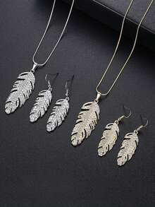 Elegant Elegant Women's Full Rhinestone Feather Pendant Necklace & Ear Hook Set, Versatile For Evening Party, Date, Commute, Holiday Gift Accessory - Feather - View 2