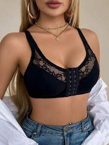 1pc Women's Elegant Lace Patchwork Knit Fabric Wire-Free Padded-Free Comfortable Front Closure Bra - Black - View 5