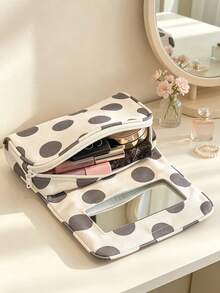 Vintage Grey Polka Dot Makeup Bag, Built-In Mirror, Travel Cosmetic Storage Box, Zippered Skincare Organizer Bag, Suitable For Lipstick, Makeup Tools, Daily Use - Multicolor - View 6