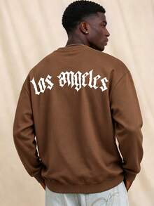 Men's Letter Print Crew Neck Loose Fit Casual Sweatshirt, Spring/Autumn - Coffee Brown - View 1