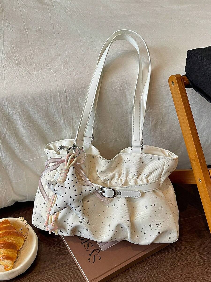 New Casual Solid Color Oxford Cloth Tote Bag, Star Pattern, Pleated Fabric Women Shoulder Bag, Aesthetic - White - View 1
