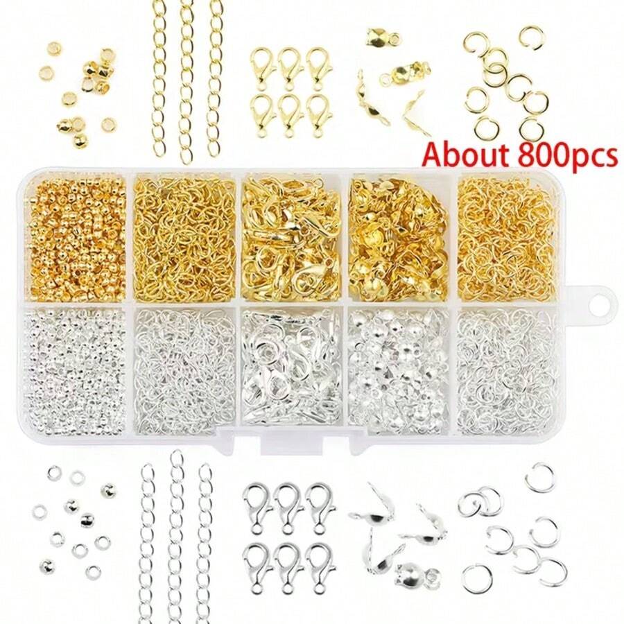 10-Compartment DIY Jewelry Accessories Basic Material Box, Includes Open Jump Rings, Lobster Clasps, Bag Clasps, Spacer Beads, And Other DIY Beading Kit, Suitable For Making Bracelets, Necklaces, Earrings, Bag Charms, Car Charms, Etc., Applicable For Beading, Jewelry Wire And Jewelry Repair And Beading Wire Tool Set - Multicolor - View 1