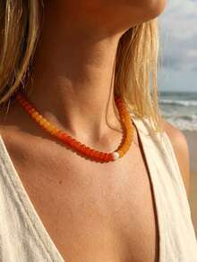 1pc European & American Bohemian Round Flat Geometric Natural Stone Cracked Effect Mixed Color Beaded Short Necklace With Freshwater Pearl And Stainless Steel Accessories, Summer Beach Vacation Wear - Stone Bead Stainless Steel Necklace - View 5