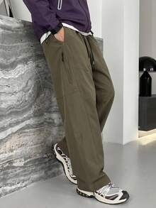 Plus Size Men's Functional Straight Leg Cargo Pants, Drawstring Elastic Waist, Zipper Pockets, Outdoor Hiking Casual Pants - Brown - View 3