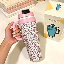 1PC 1000ML Creative Leopard Print, Black Leopard Print, Fashion Leopard Pattern Stainless Steel Insulated Cup, Double Drink Coffee Cup, Portable Straw Cup, Stylish , Suitable For Office/Home, Gift For Family/Friends, Coffee/Milk/Tea - Multicolor - View 7